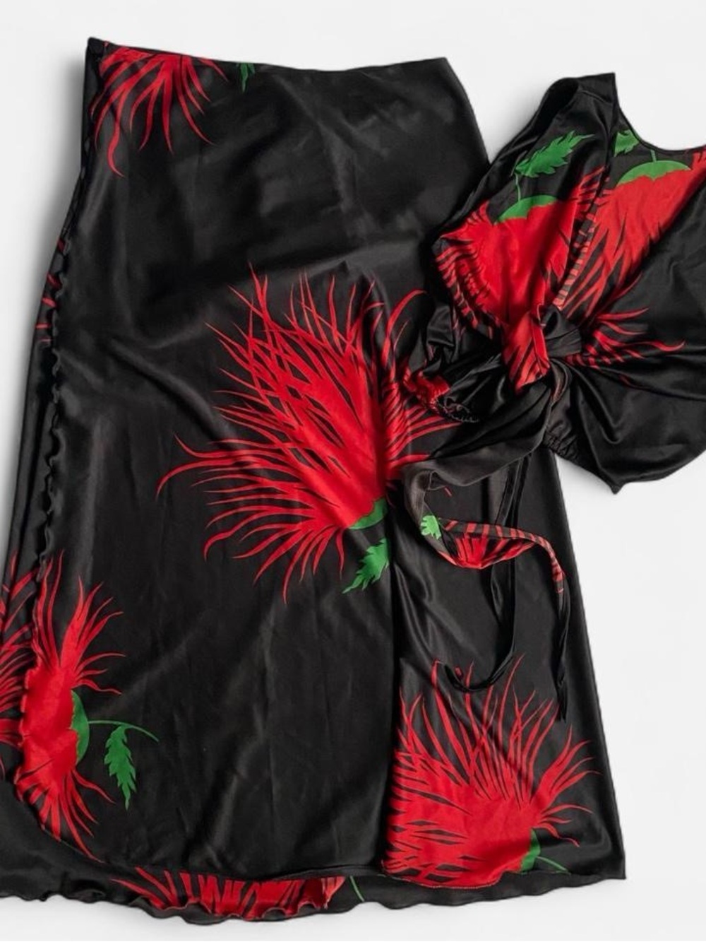 Handmade black & red floral wrap skirt & crop top swim coverup set